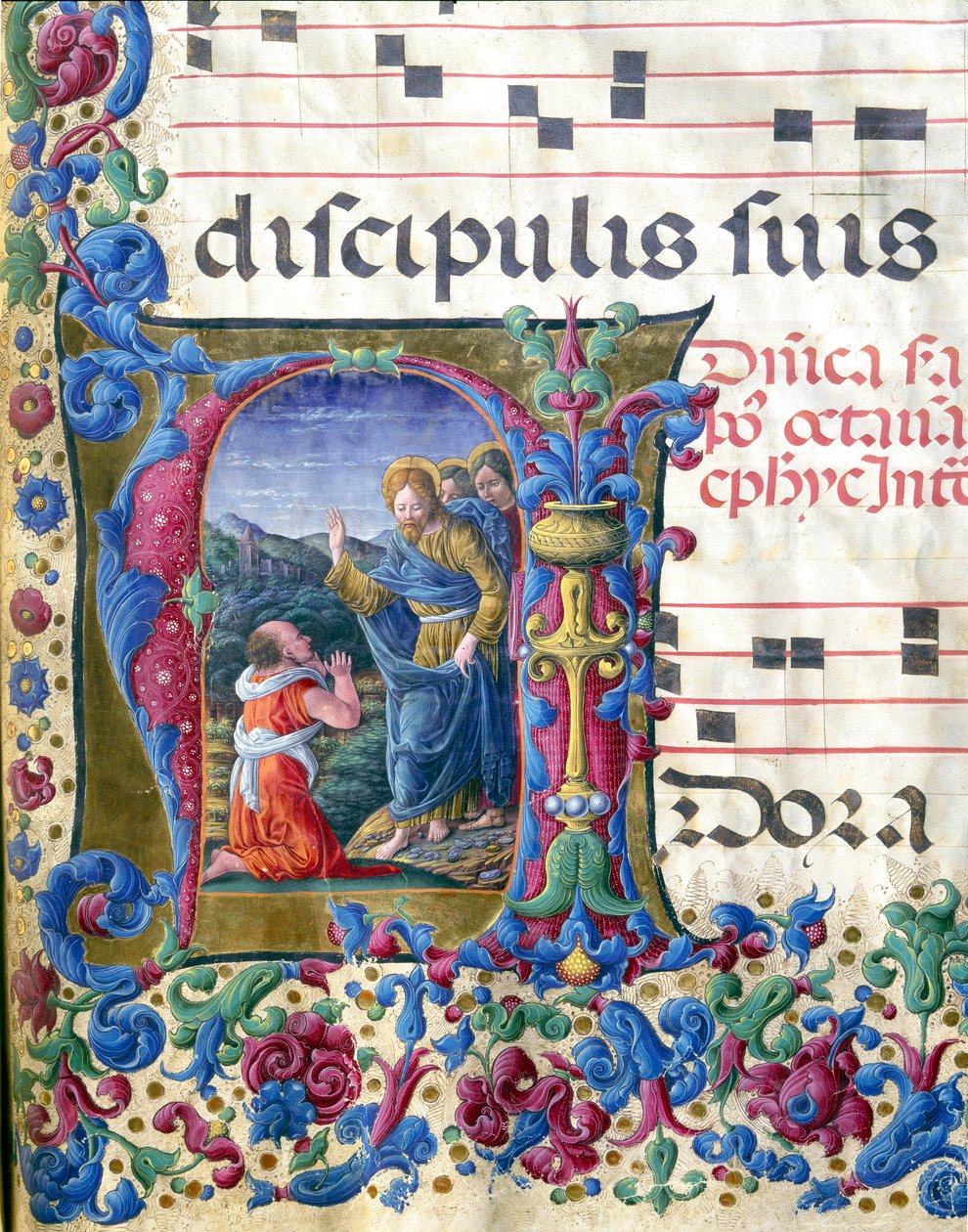 Lettrina decorativa representando a visão de Isaías Miniatura de Girolamo da Cremona (ativa por volta de 1451-1483) e Liberale da Verona (1445-1529) de um coro (Cod. 19/4. c.9v.) da Catedral de Siena. Catedral do século XV (Duomo) de Siena, Itália de Girolamo da Cremona
