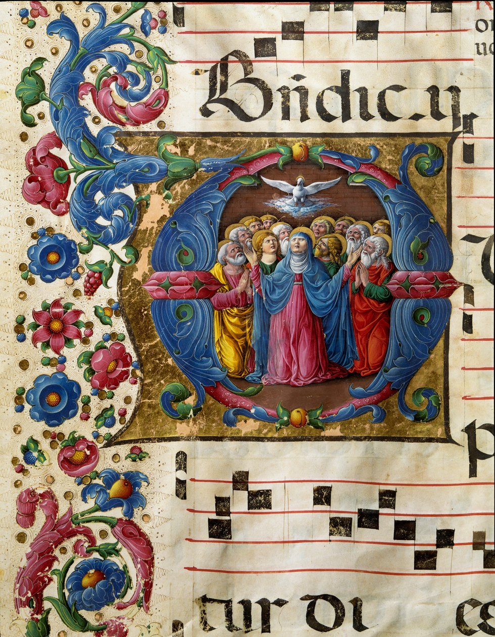 A pomba do Espírito Santo (Espírito Santo) aparece à Virgem Maria e aos apoters. Miniatura de Girolamo da Cremona (ativa por volta de 1451-1483) de um coro (Cod. 10/L. c.32v) da catedral de Siena. Catedral do século XV (Duomo) de Siena, Itália. de Girolamo da Cremona