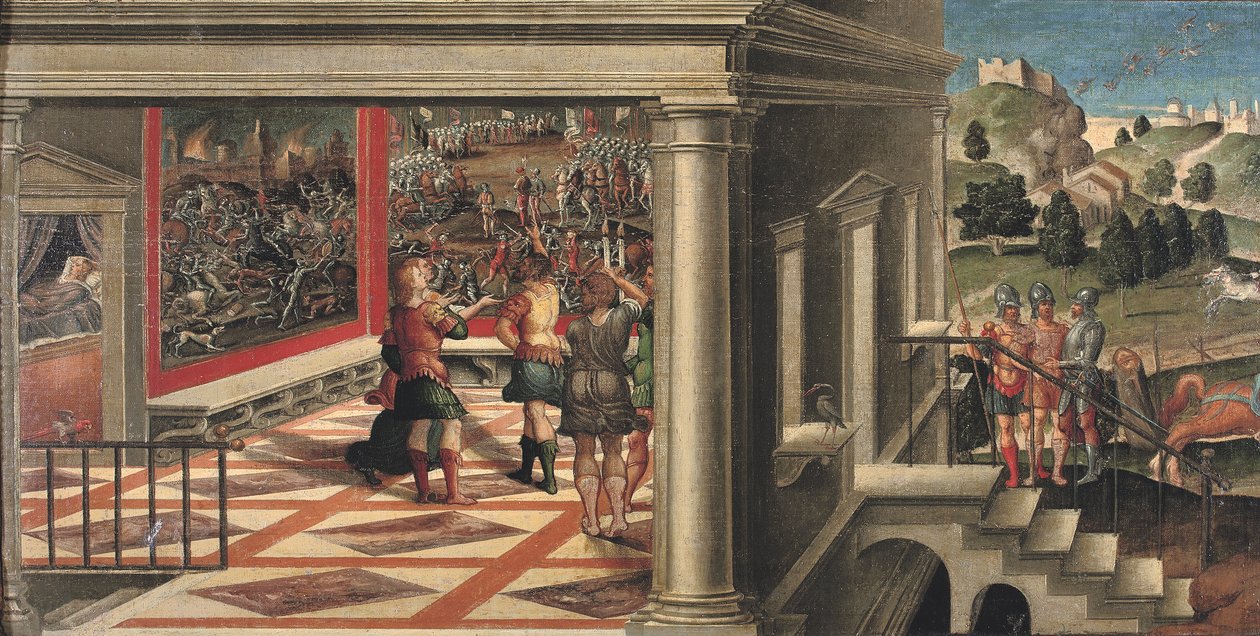 Cenas de Orlando Furioso (óleo sobre tela colocado sobre painel) de Girolamo da Santacroce
