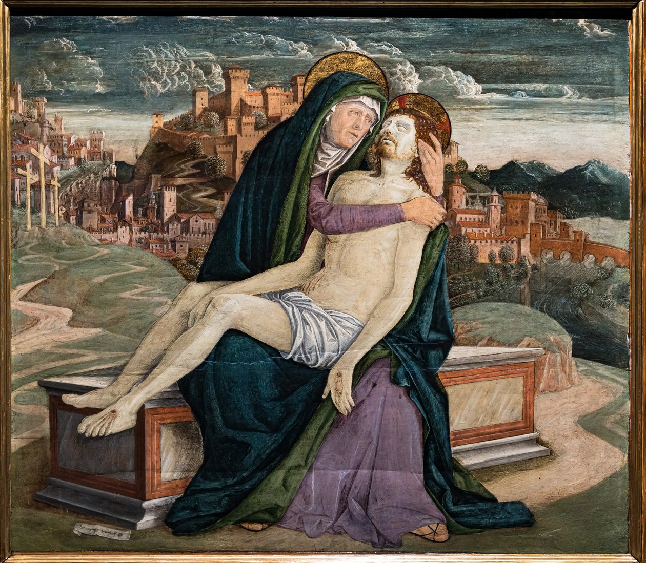 Lamentação, de Gerolamo da Treviso, o Velho, c.1495-7. Ao fundo uma cidade fortificada que poderia representar uma vila veneziana como Soave ou Marostica. de Girolamo da Treviso the Elder