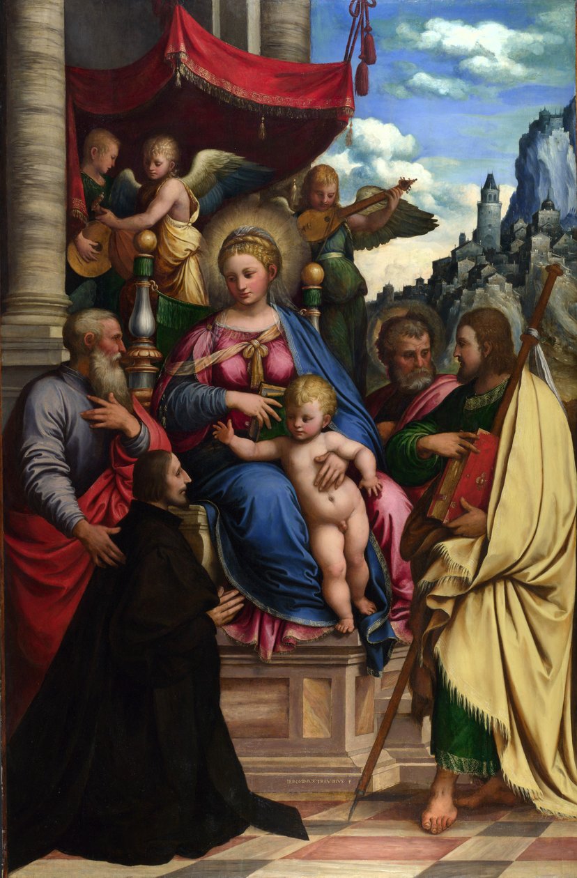 A Madona e o Menino com anjos, santos e um doador de Girolamo da Treviso the Younger