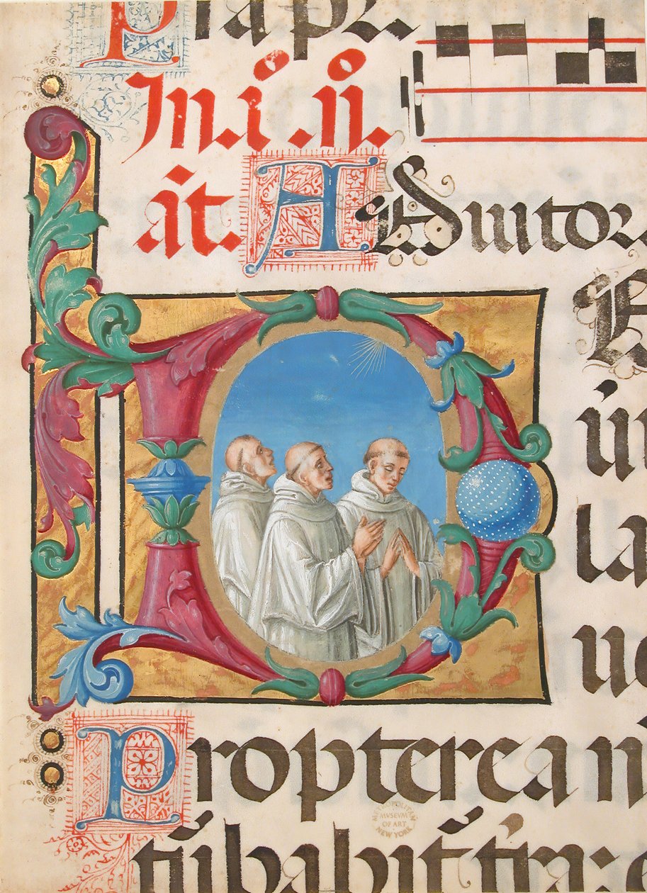 Iluminação de Manuscritos com Monges Cantores em D inicial, de um Saltério, Italiano, 1501-2. de Girolamo dai Libri