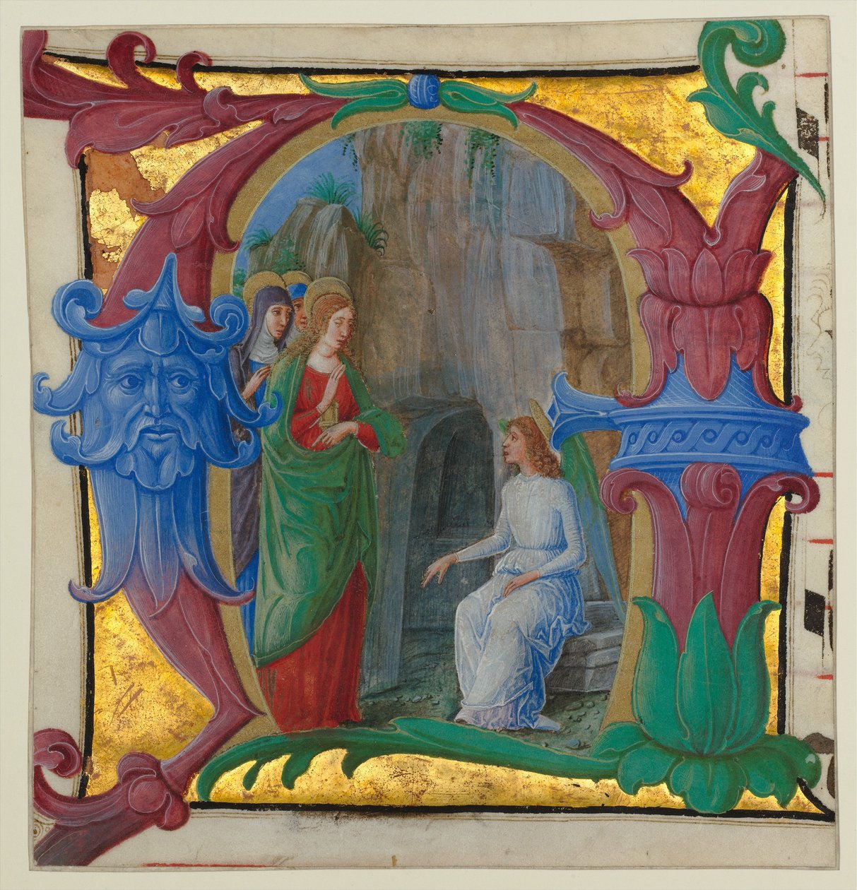 Iluminação de Manuscritos com as Santas Mulheres no Túmulo em Inicial A..., c. 1490-1500. de Girolamo dai Libri