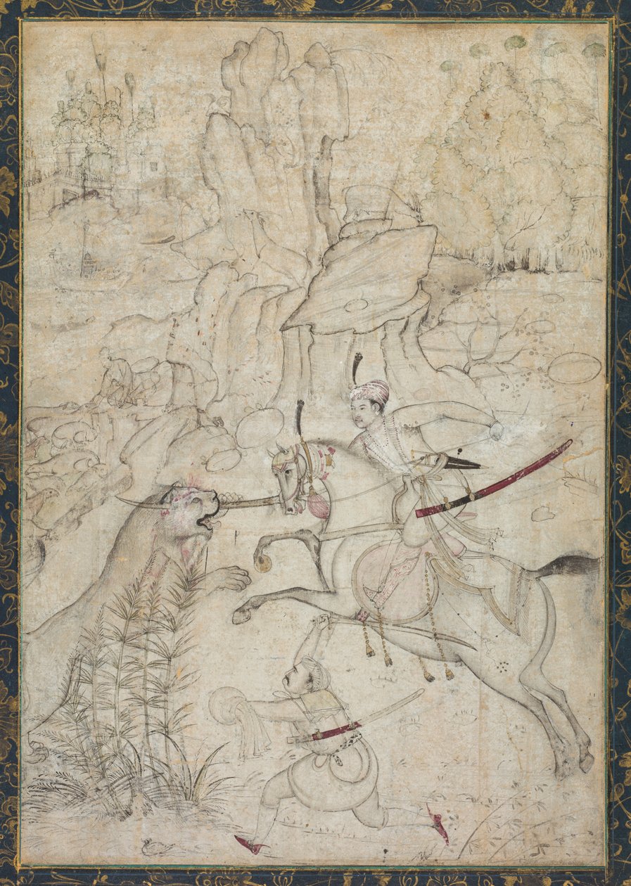 Um príncipe montado caçando leão em uma paisagem rochosa de Girolamo della Robbia