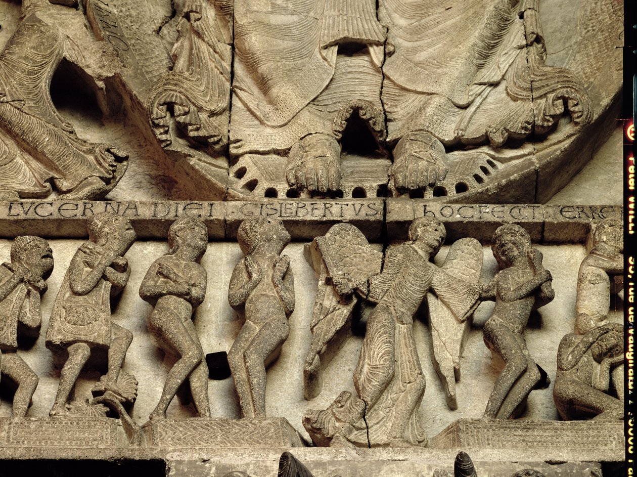 Tímpano do Portal Oeste representando o Juízo Final: detalhe dos pés de Cristo, um anjo e mortais, c.1130-35 calcário de Gislebertus