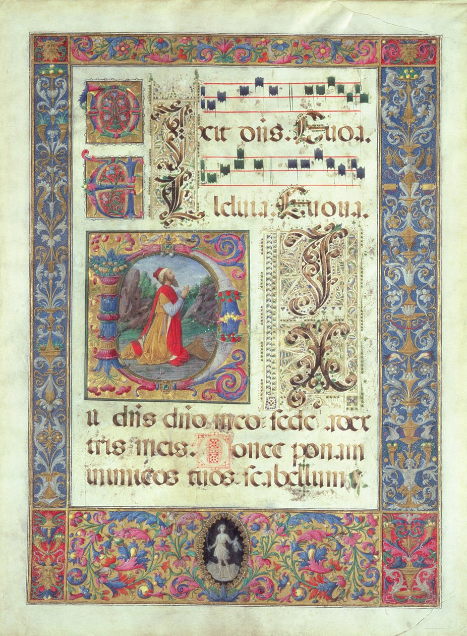 Página de um manuscrito com um D inicial historiated que descreve o rei David, c.1480 de Giuliano Amadei