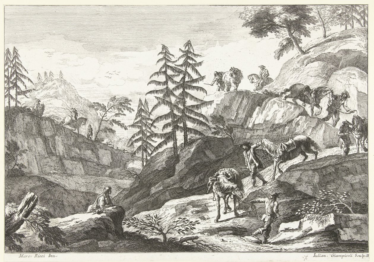 Paisagem de montanha com cavaleiros conduzindo cavalos a descer a encosta no caminho
Paisagens italianas (título da série) de Giuliano Giampiccoli