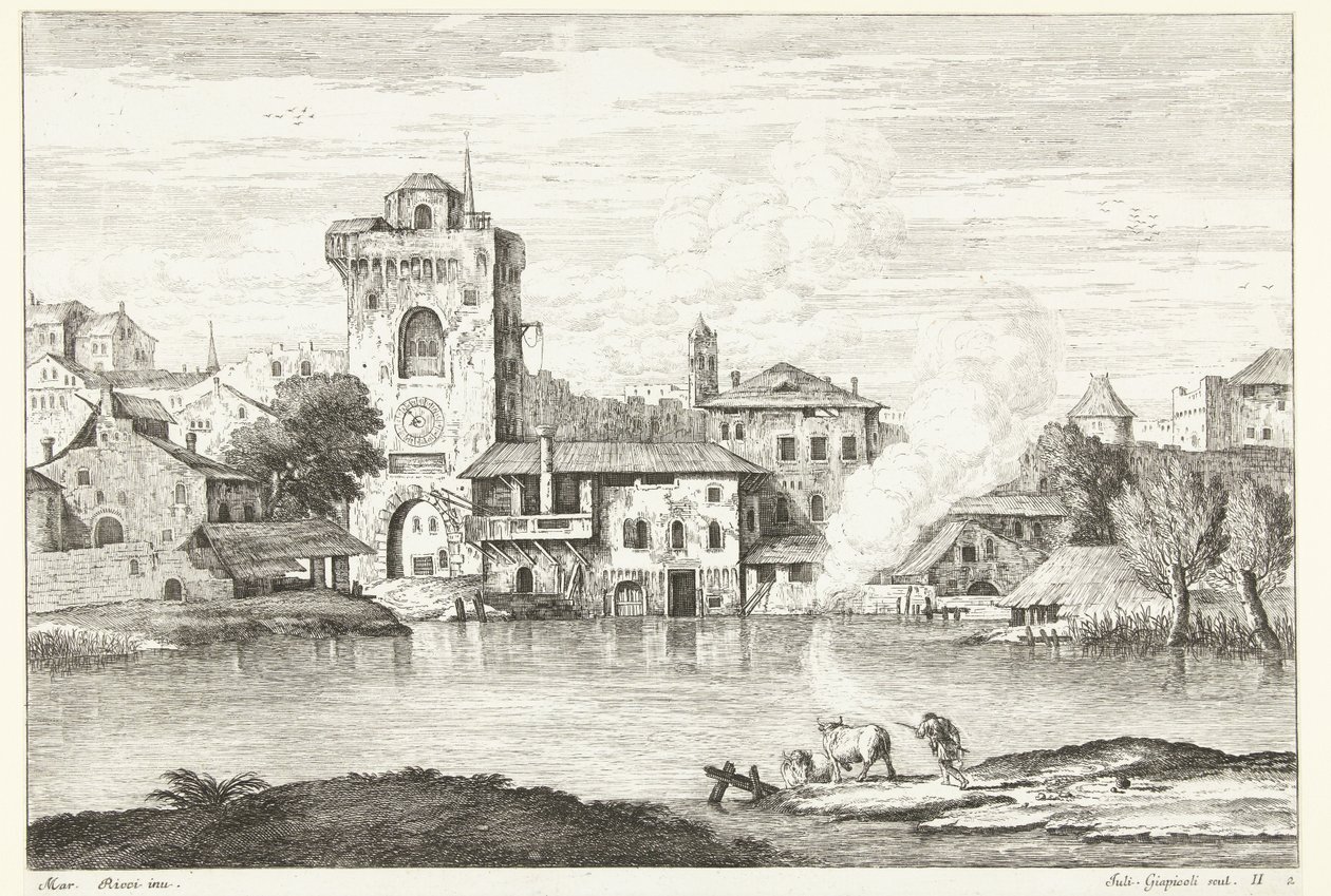 Vista da cidade com uma torre na água Paisagens italianas (título da série) de Giuliano Giampiccoli