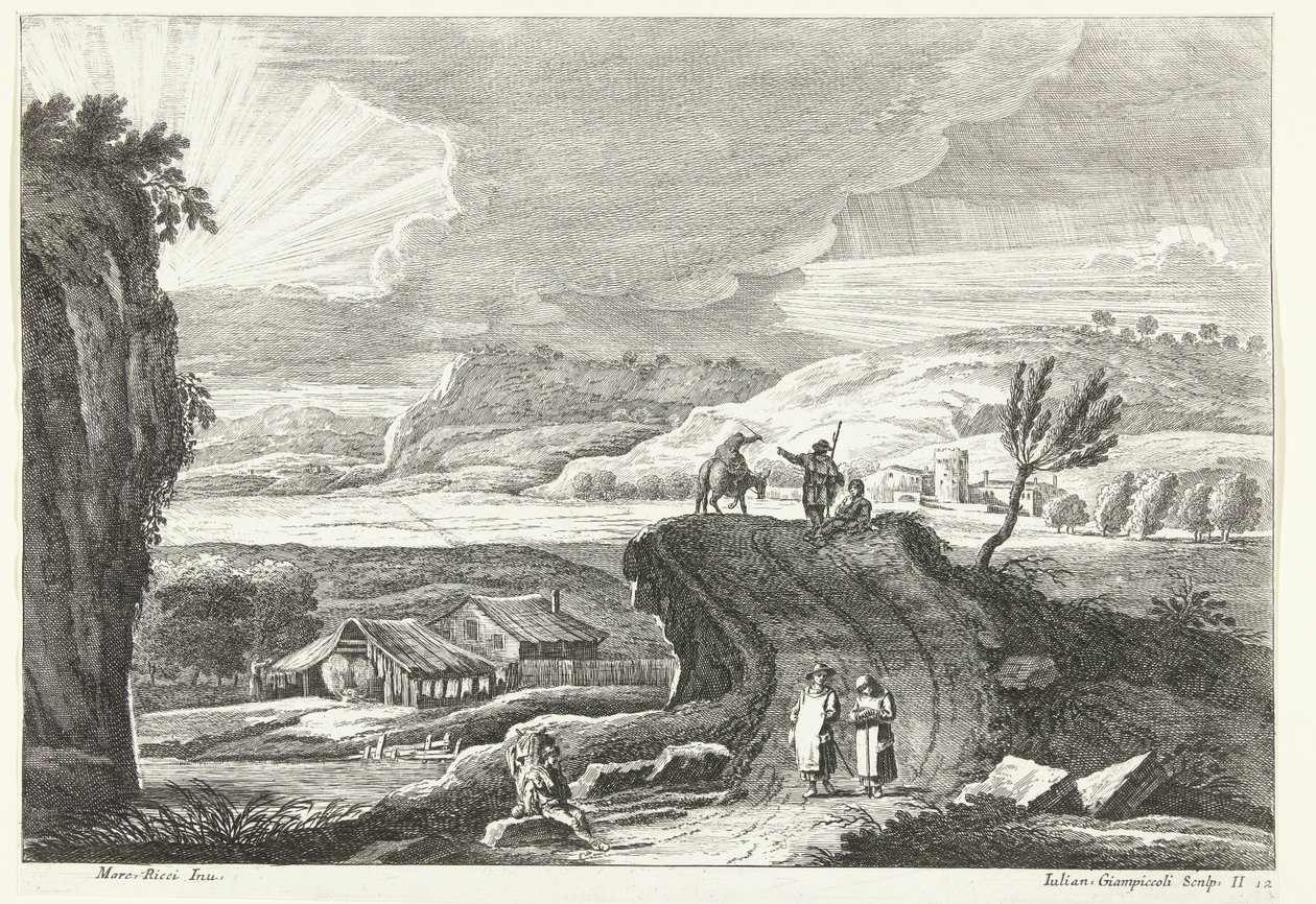 Paisagem montanhosa com peregrinos a caminho e o sol poente Paisagens italianas (título da série) de Giuliano Giampiccoli