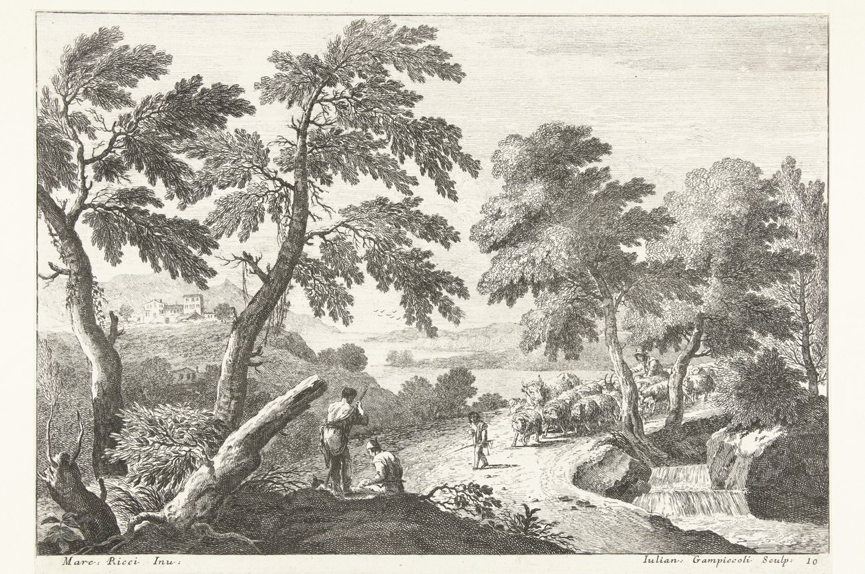 Paisagem com pastores na estrada ao longo de pequena cascata
Paisagens italianas (título da série) de Giuliano Giampiccoli