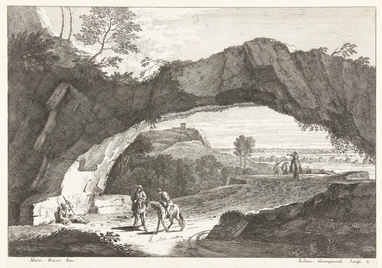 Paisagem com ponte de pedra e algumas figuras Paisagens italianas (título da série) de Giuliano Giampiccoli