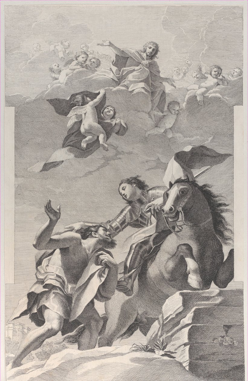 São Martinho, a cavalo, entregando seu manto a um mendigo..., 1760-1800. de Giuliano Traballesi