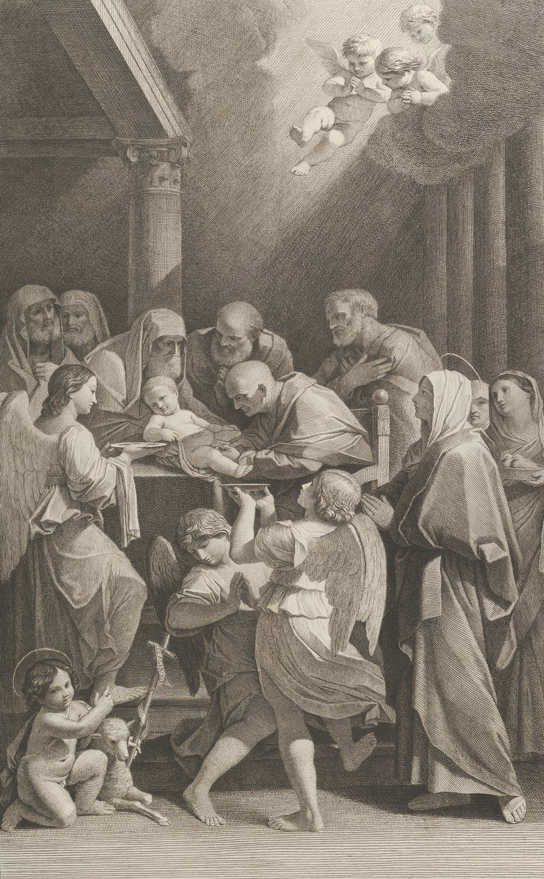 A circuncisão de Cristo, um grupo de homens, mulheres e anjos que o cercam, o..., ca. 1760-1800. de Giuliano Traballesi