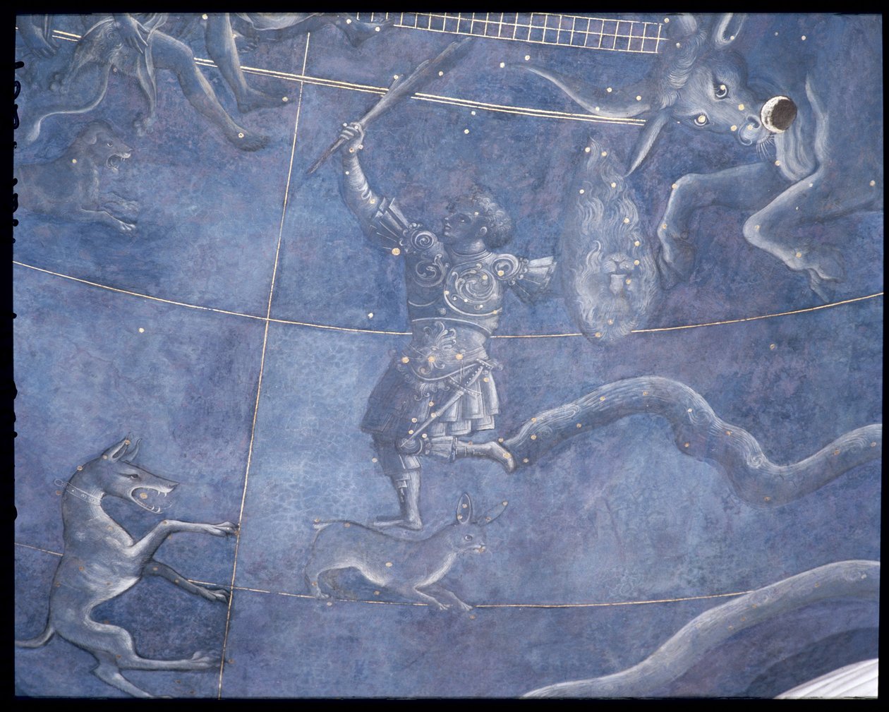 O Caminho do Sol através das estrelas na noite de 4 de julho de 1442, detalhe de Orion e Touro, do intradorso acima do altar, c.1430 (detalhe de 85088) de Giuliano dArrighi Pesello