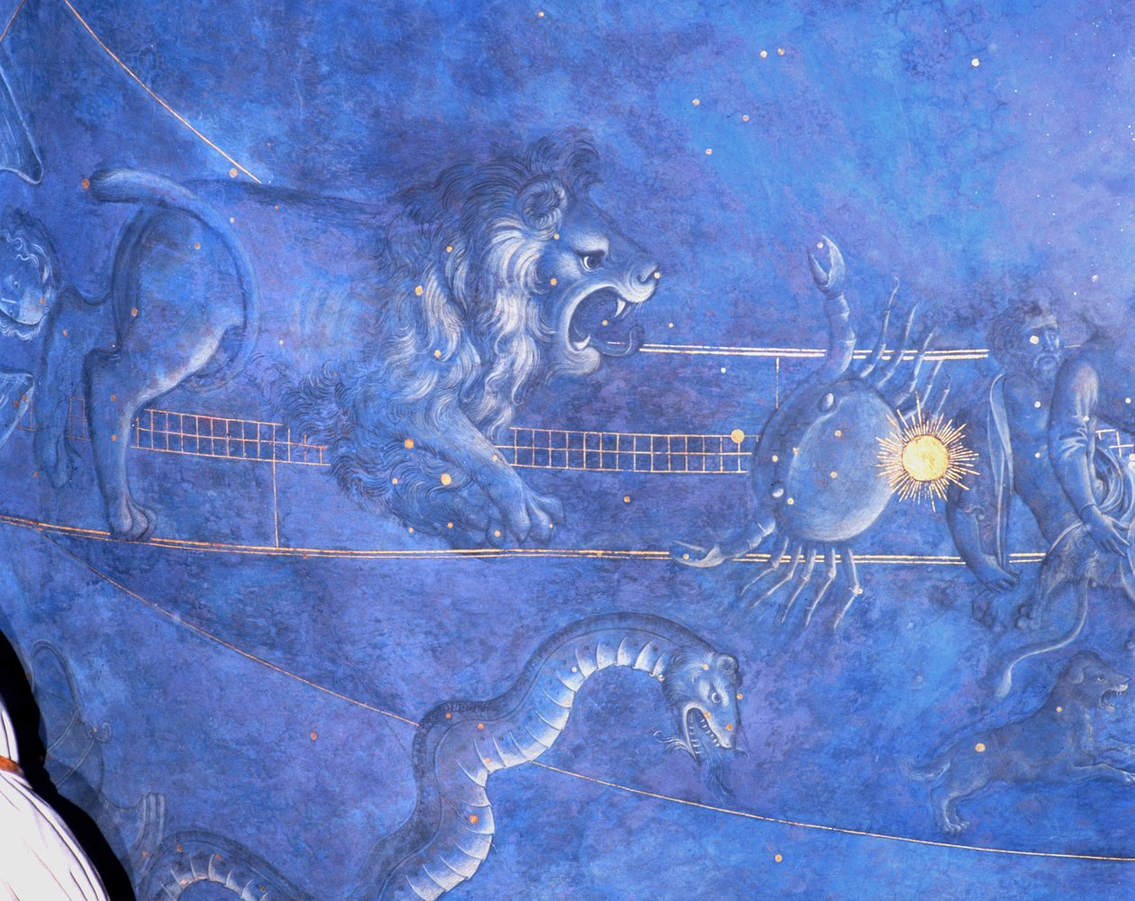 O Caminho do Sol através das estrelas na noite de 4 de julho de 1442, detalhe de Leão, Câncer e a Hidra, do intradorso sobre o altar, c.1430 (detalhe de 85088) de Giuliano dArrighi Pesello