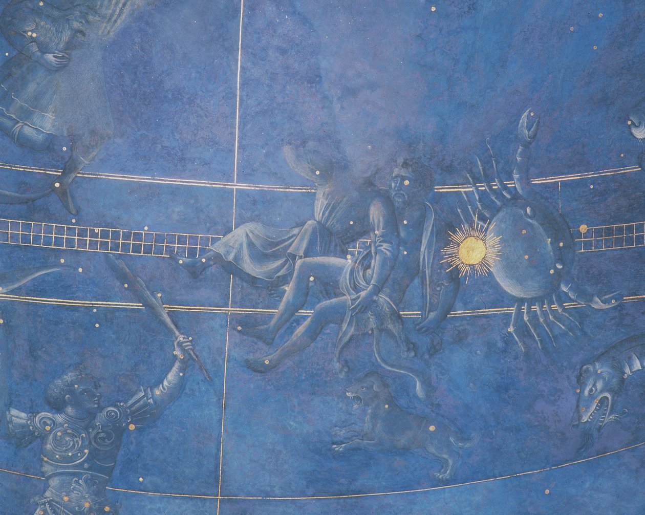 O Caminho do Sol através das estrelas na noite de 4 de julho de 1442, detalhe de Gêmeos e Câncer, do intradorso sobre o altar, c.1430 (detalhe de 85088) de Giuliano dArrighi Pesello