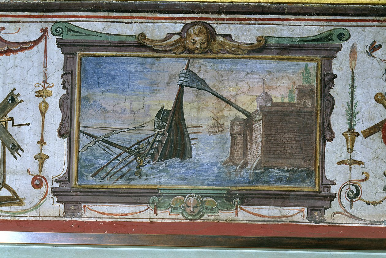Um dispositivo que permitiu a Arquimedes (c.287-12 aC) arrastar um navio para terra, Stanza della Mattematica, 1587-1609 de Giulio Parigi