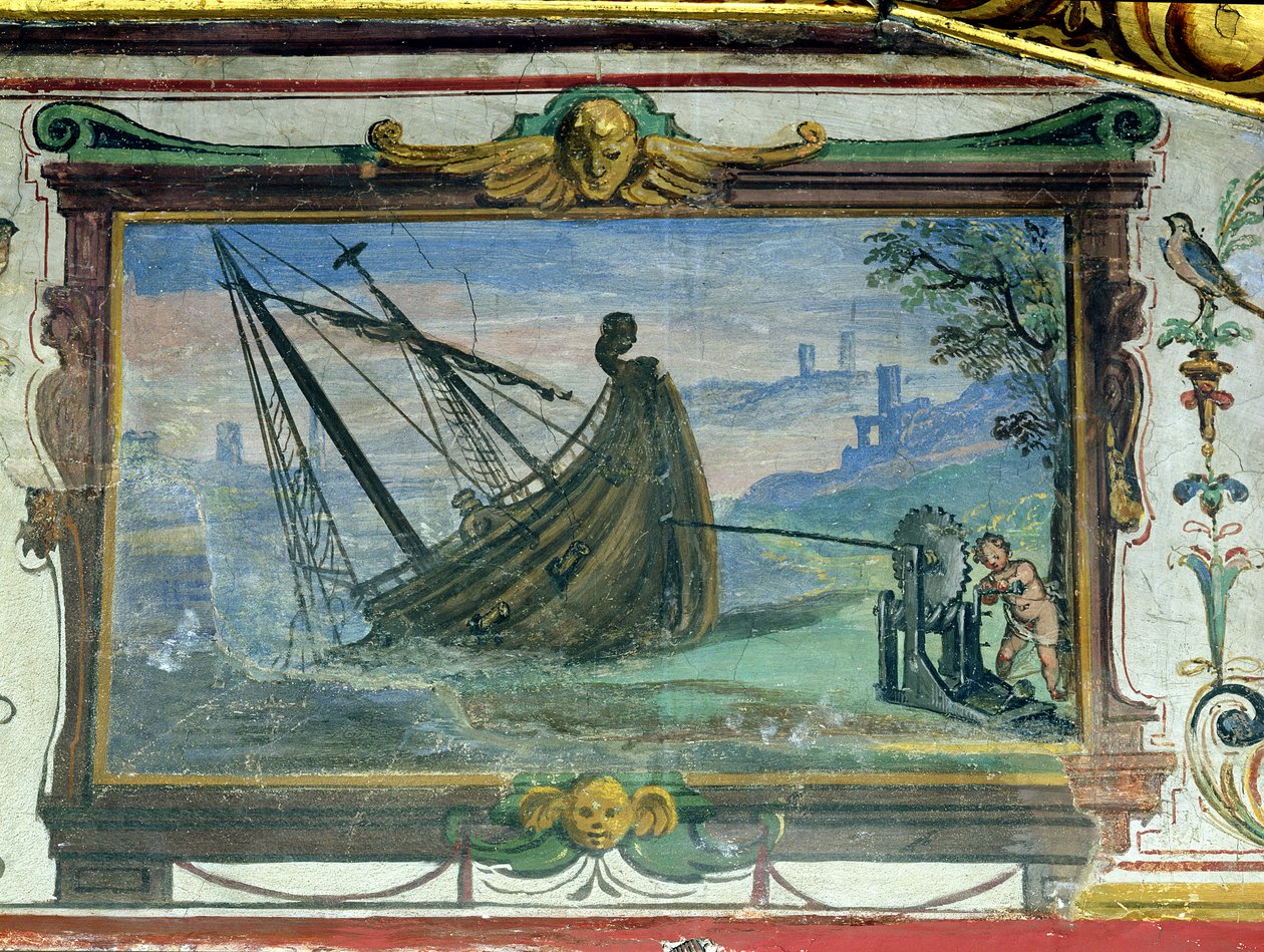 Um parafuso sem fim que permitiu a Arquimedes (c.287-12 aC) arrastar um navio para terra, Stanza della Mattematica, 1587-1609 de Giulio Parigi