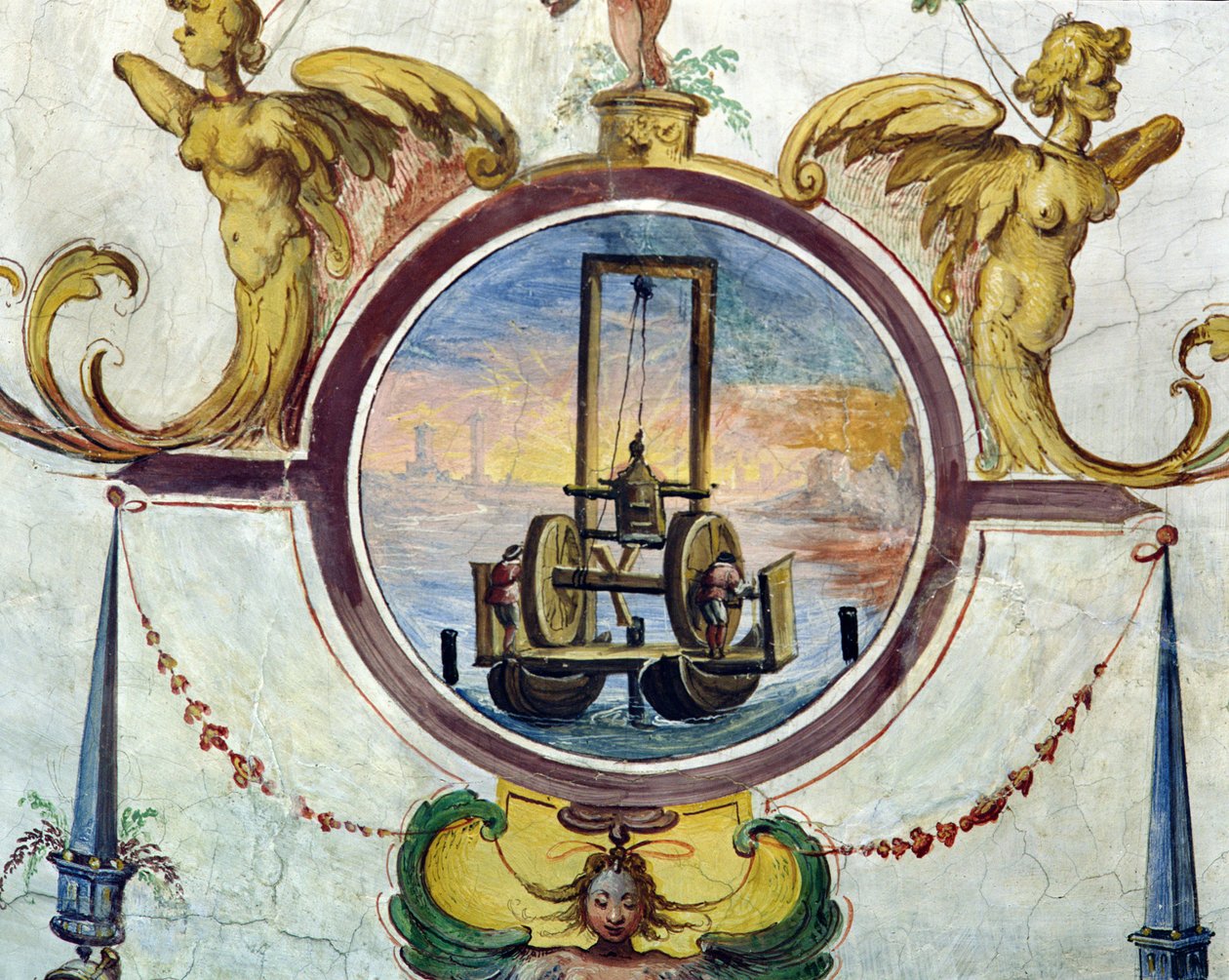 Grande pontão com um dispositivo para empurrar estacas no fundo do mar, Stanza della Mattematica, 1587-1609 de Giulio Parigi