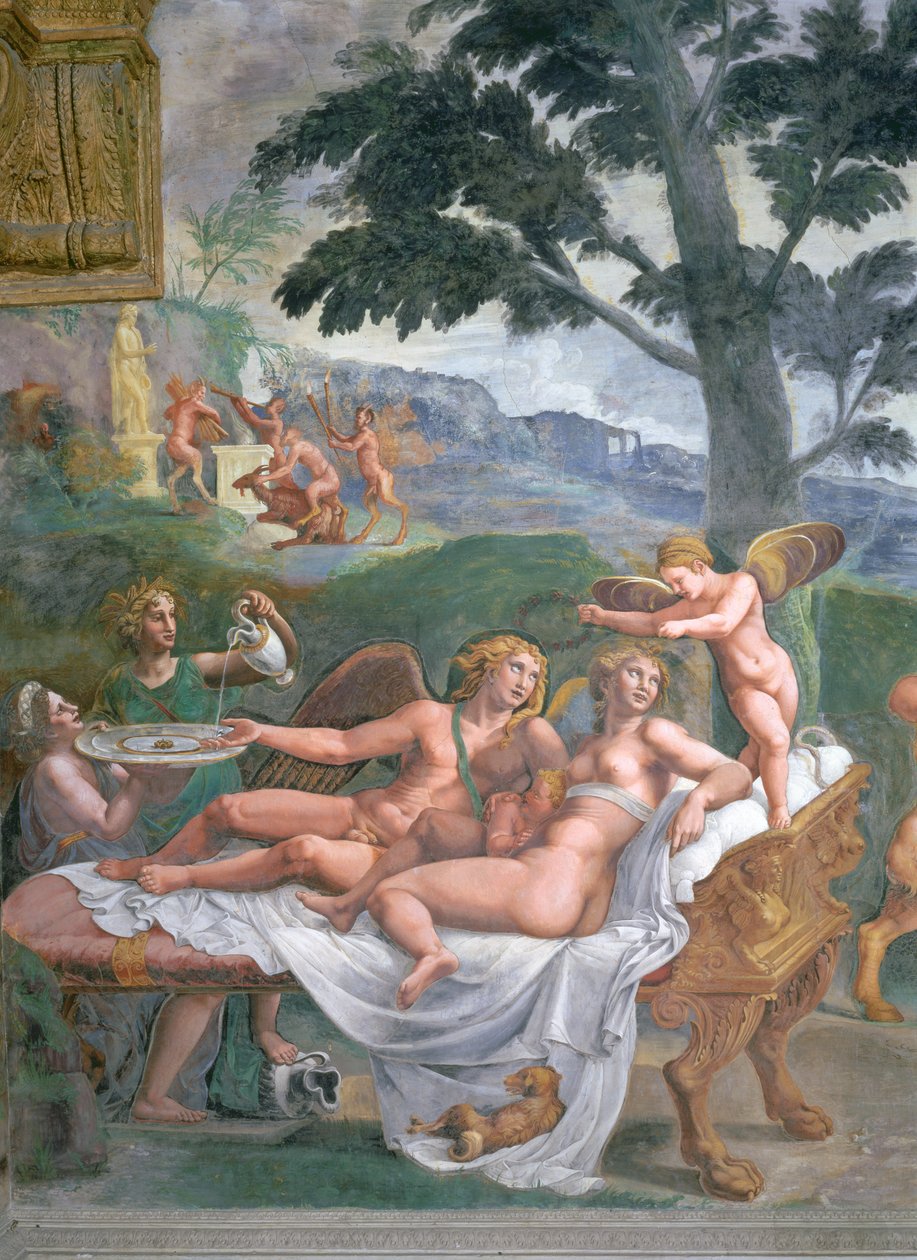 Cupido e Psique com sua filha Voluptuosidade, esperada por Ceres que derrama água em uma bacia realizada por Juno, detalhe do nobre banquete, da Sala di Amore e Psiche, 1528 detalhe em afresco de 7 de Giulio Romano