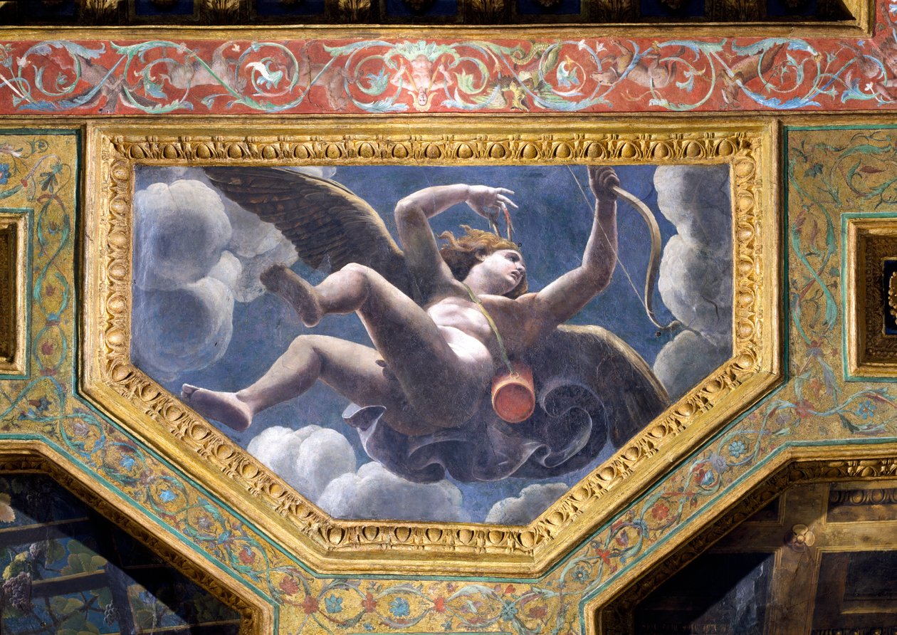Cupido, caixão do teto do Salão do Amor e Psique, 1528 (óleo sobre estuque) de Giulio Romano