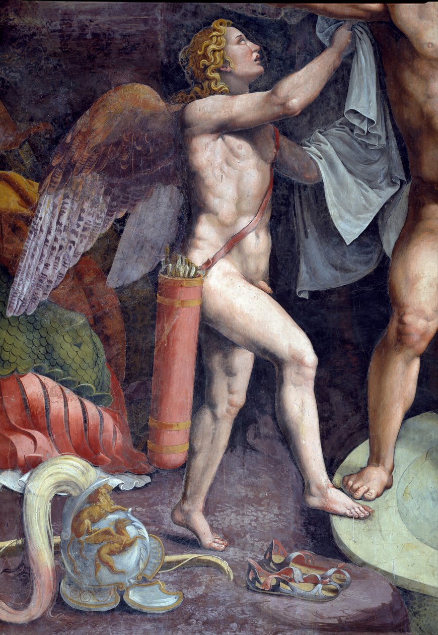 Marte e Vênus tomando banho, detalhe mostrando Cupido auxiliando Marte da Sala di Amore e Psiche, 1528 detalhe fresco de 78435 de Giulio Romano
