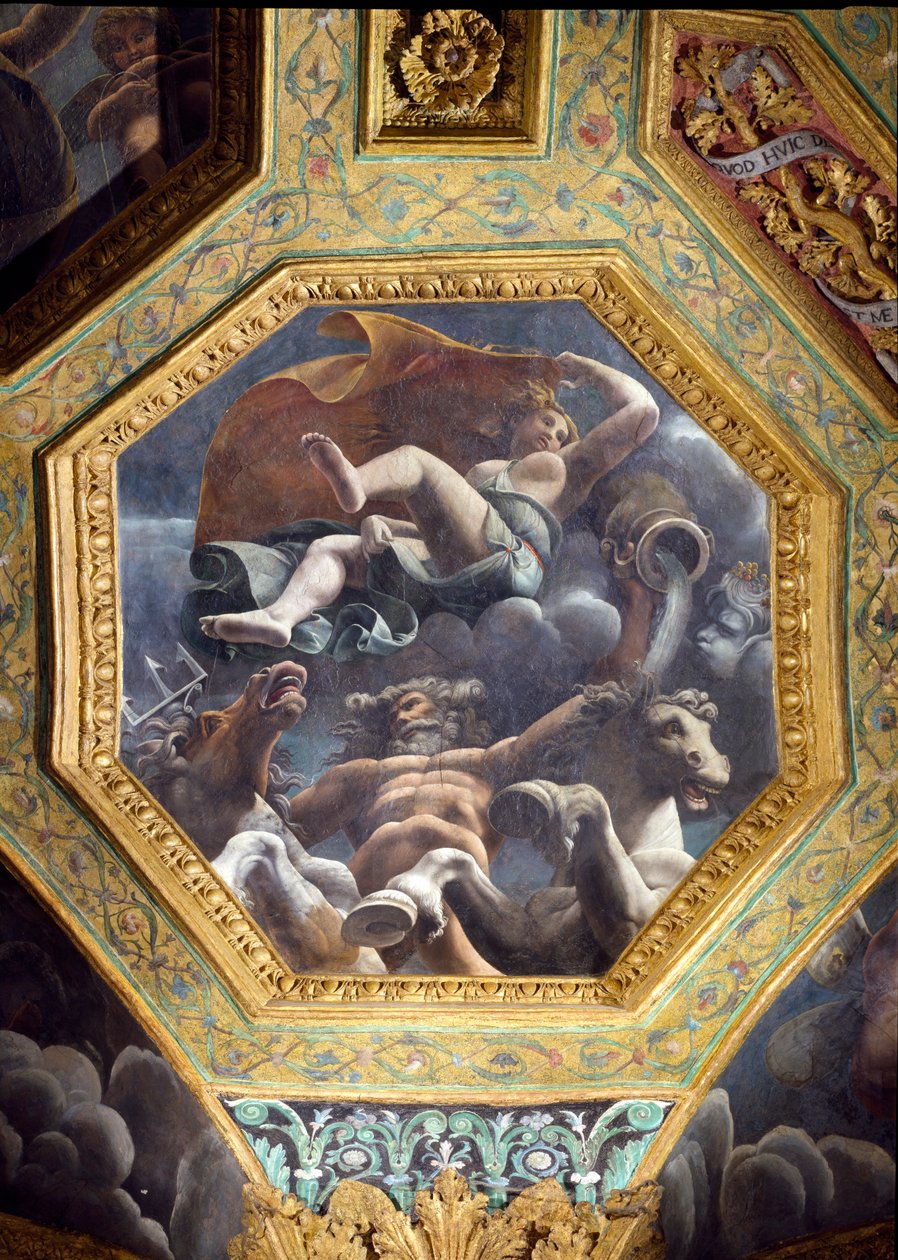 Netuno e uma ninfa da água, caixão do teto da Sala do Amor e Psique, 1528 (óleo sobre estuque) de Giulio Romano