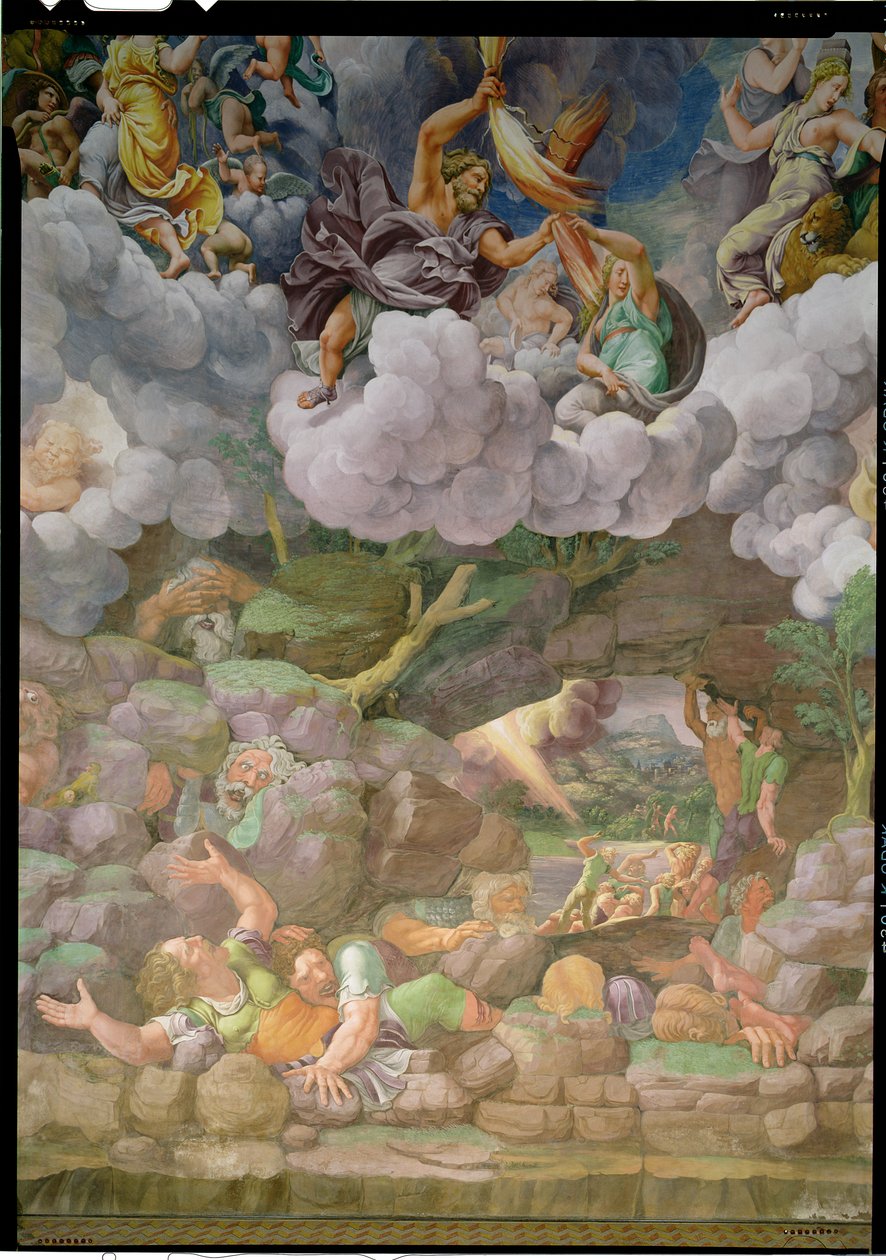 Olympus e Zeus Destruindo os Gigantes Rebeldes, detalhe de uma das paredes da Sala dei Giganti, 1530-32 de Giulio Romano