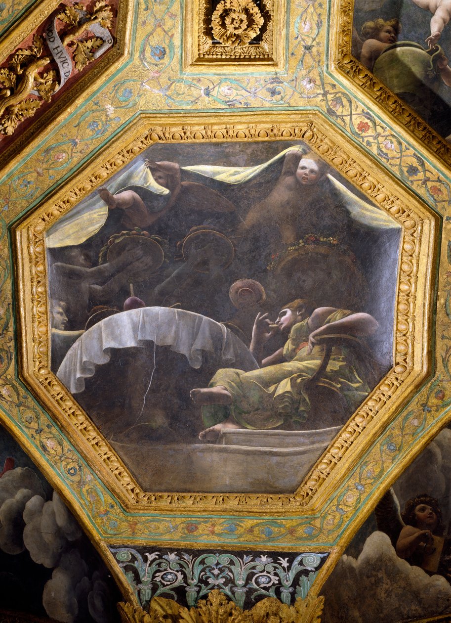 Psique comendo na casa do Cupido, caixão do teto da Sala di Amore e Psique, 1528 (óleo no estuque) de Giulio Romano