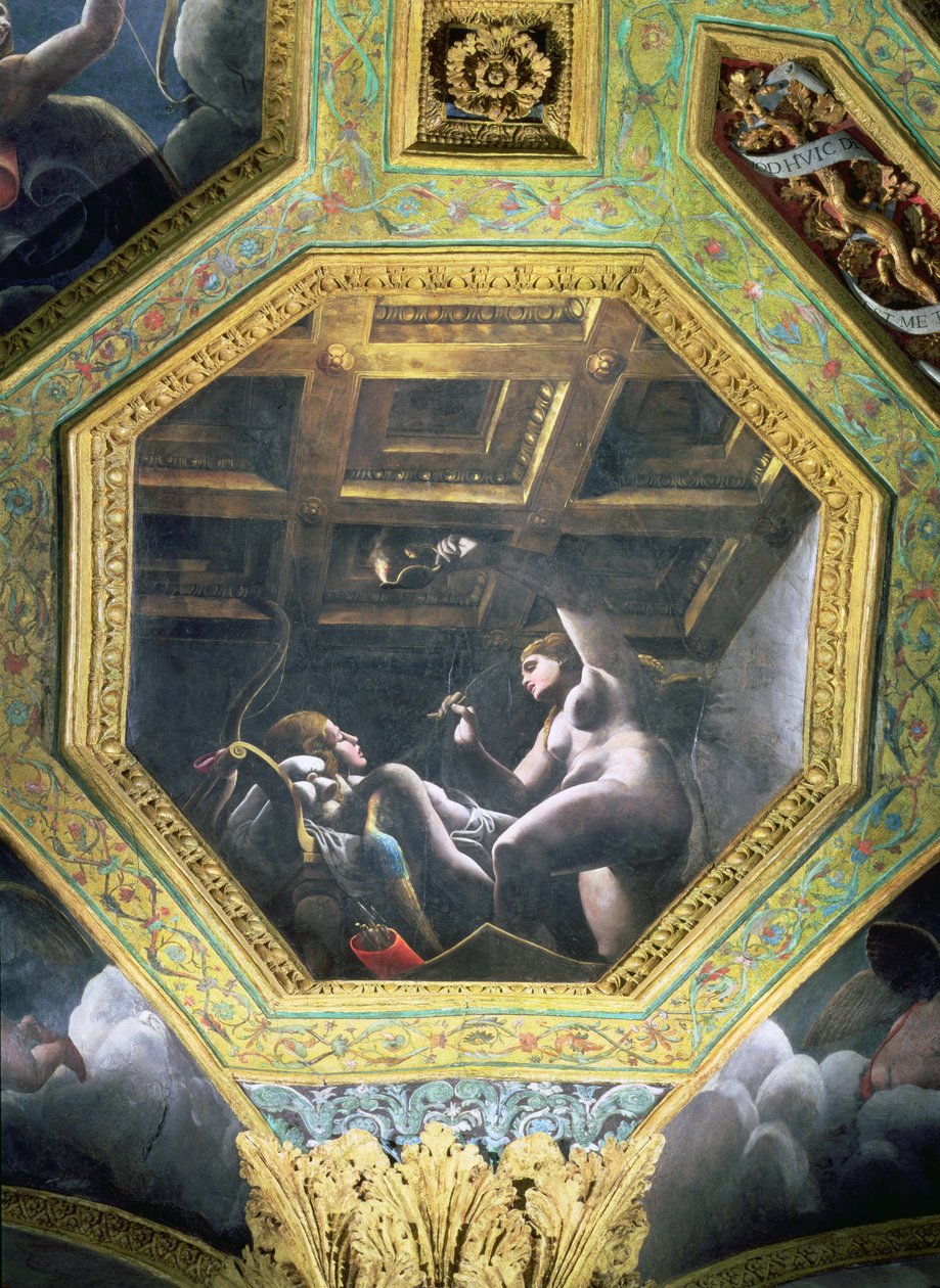 Psique vê Cupido enquanto dorme, caixão do teto do Salão do Amor e Psique, 1528 (óleo sobre estuque) de Giulio Romano