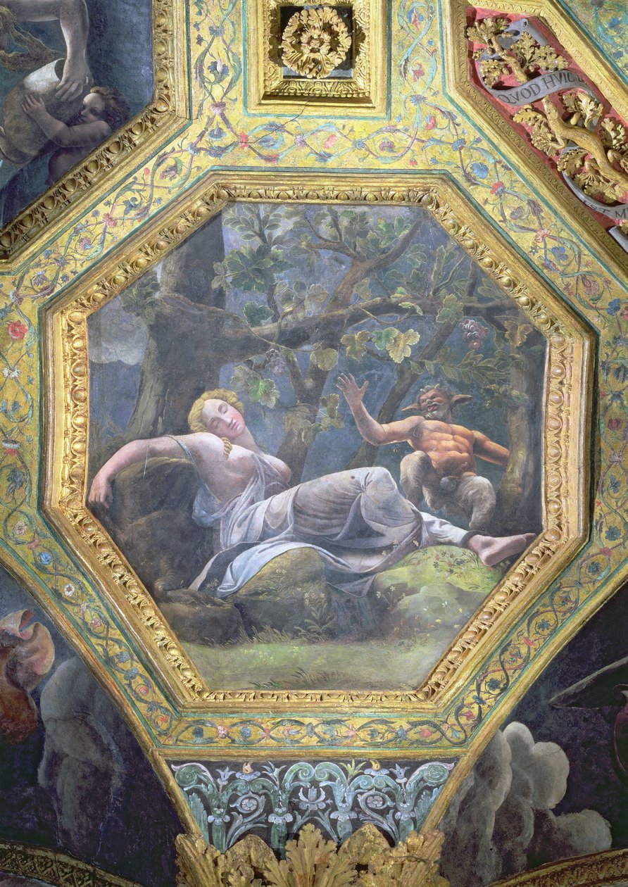 Psique dormindo no vale do Cupido, caixão do teto da Sala di Amore e Psiche, 1528 (óleo no estuque) de Giulio Romano