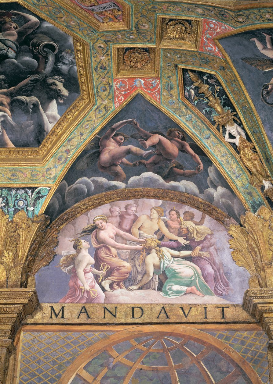Psique, passando por uma das provações que ela estabeleceu por Vênus, luneta da Sala di Amore e Psiche, 1528 (óleo sobre estuque) de Giulio Romano