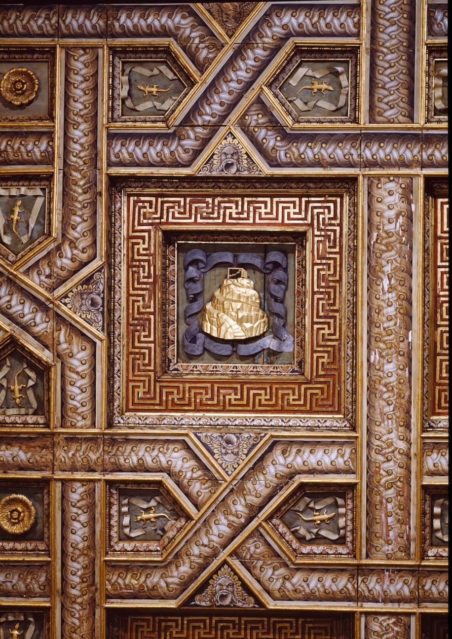 Sala dei Cavalli, vista para o teto com a escultura de Gonzaga esculpida do Monte Olimpo, lagartos e rosetas ornamentadas rodeadas por padrões trompe l&39;oeil meandro, 1528 (intaglio e fresco) de Giulio Romano