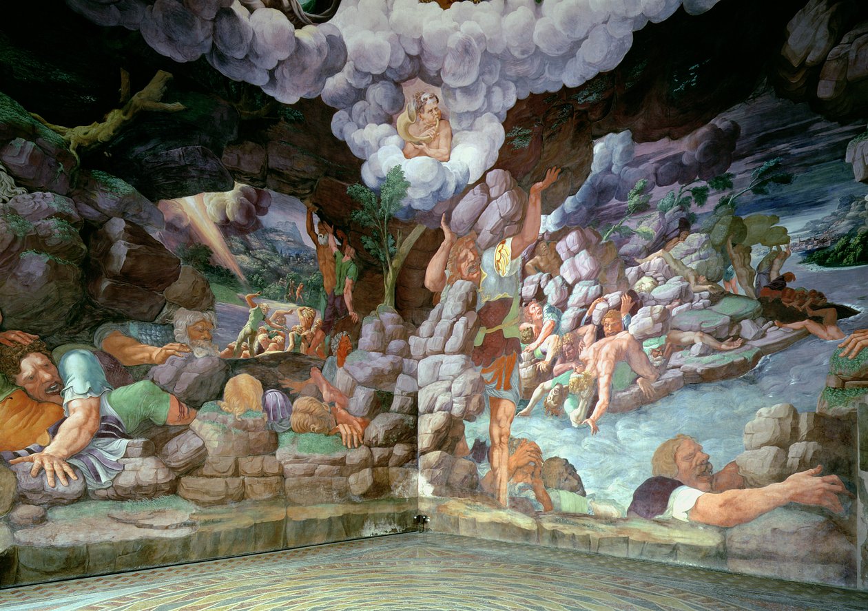 Sala dei Giganti, vista de duas paredes mostrando a destruição dos gigantes rebeldes pelos raios de Júpiter, 1536 (para detalhes ver 78483-86) de Giulio Romano
