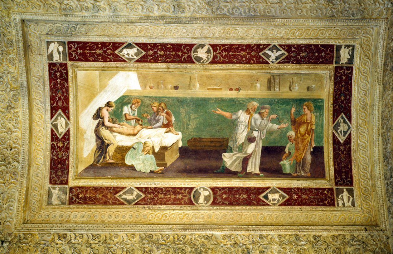Cena de um médico que atende a um homem doente, pintura de teto do Giardino Segreto de Giulio Romano