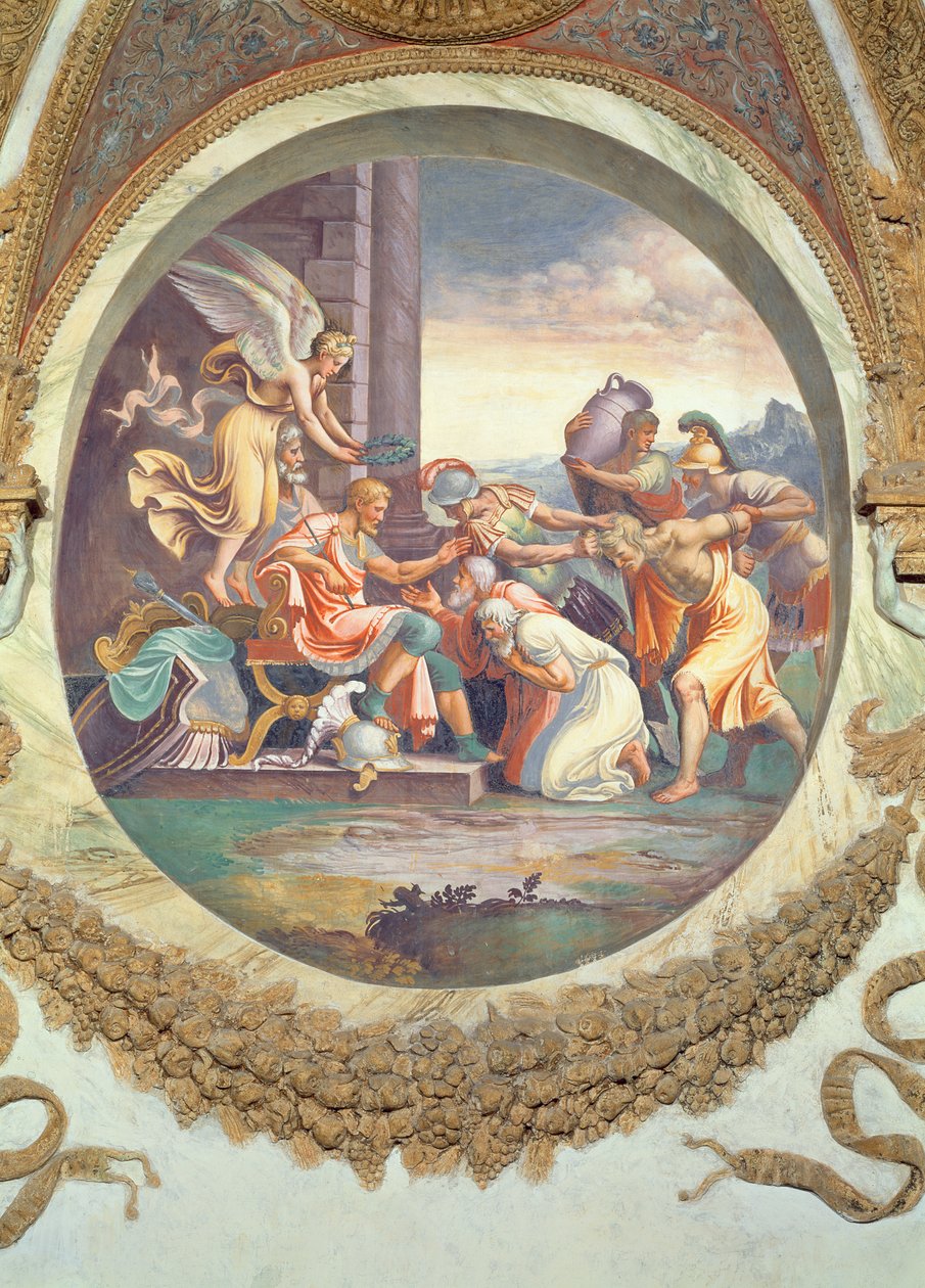 Cena mostrando que aqueles nascidos sob o signo de Aquário em conjunto com a constelação de Aquila são transmitidos com virtudes bélicas, simbolizadas por uma cena de triunfo, da Camera dei Venti, de Giulio Romano