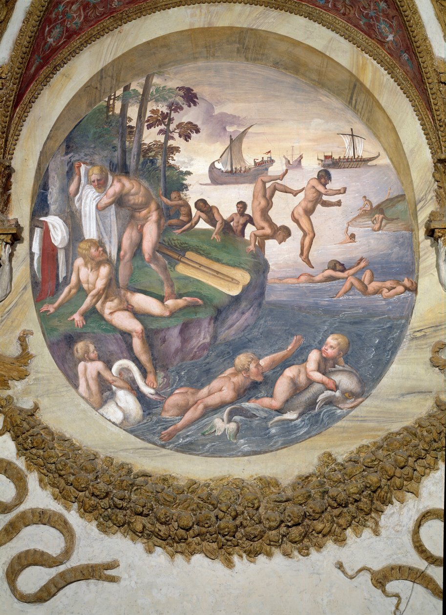 Cena mostrando que aqueles nascidos sob o signo de Áries, em conjunto com a constelação do Navio e do Golfinho, são dotados de aptidões para navegação e natação, simbolizados pelo navio e de Giulio Romano