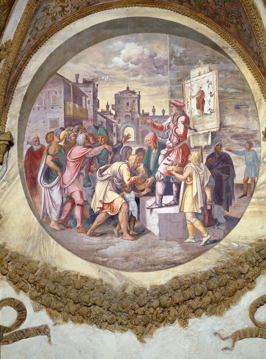 Cena mostrando que aqueles nascidos sob o signo de Capricórnio em conjunto com a constelação de Serpentarius ou Ophiucus serão encantadores de serpentes, simbolizados por um vendedor de theriac, um antídoto novamente de Giulio Romano