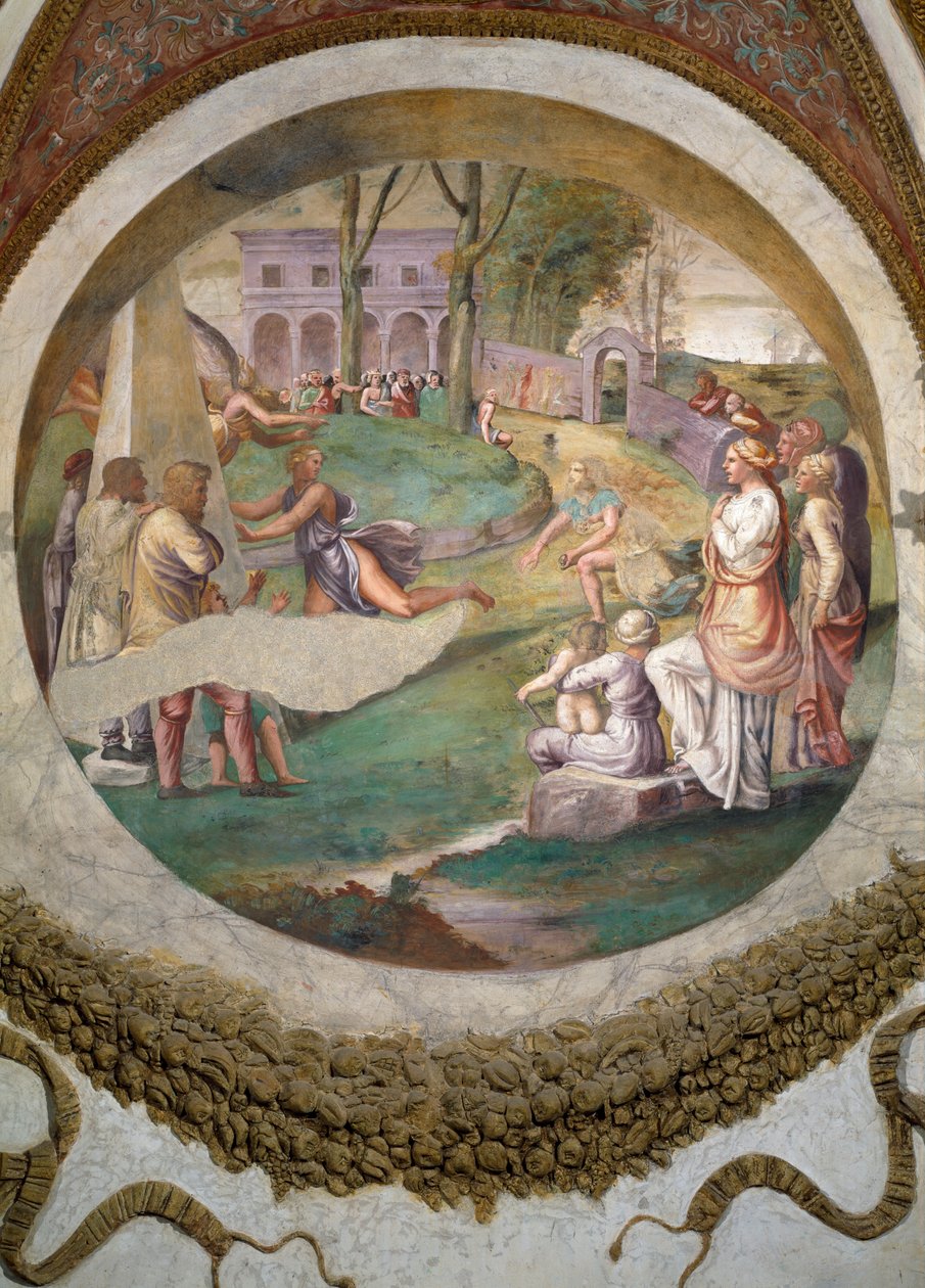 Cena mostrando que aqueles nascidos sob o signo de Gêmeos em conjunção com a constelação da Lebre são transmitidos com uma aptidão para correr rápido, simbolizado pela corrida entre Hipomenos e de Giulio Romano