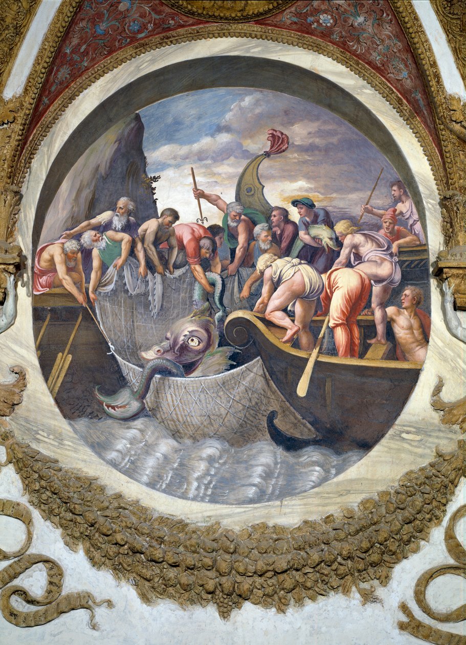 Cena mostrando que os nascidos sob o signo de Peixes em conjunto com a constelação de Belua são adeptos da pesca, simbolizada pela captura de um monstro marinho, da Camera dei Venti, 1528 de Giulio Romano