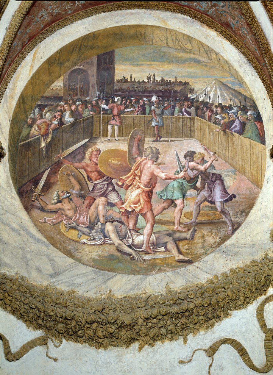 Cena mostrando que aqueles nascidos sob o signo de Touro em conjunção com a constelação das Plêiades são transmitidos com uma aptidão para lutar, simbolizada por um combate de gladiadores, a partir do C de Giulio Romano