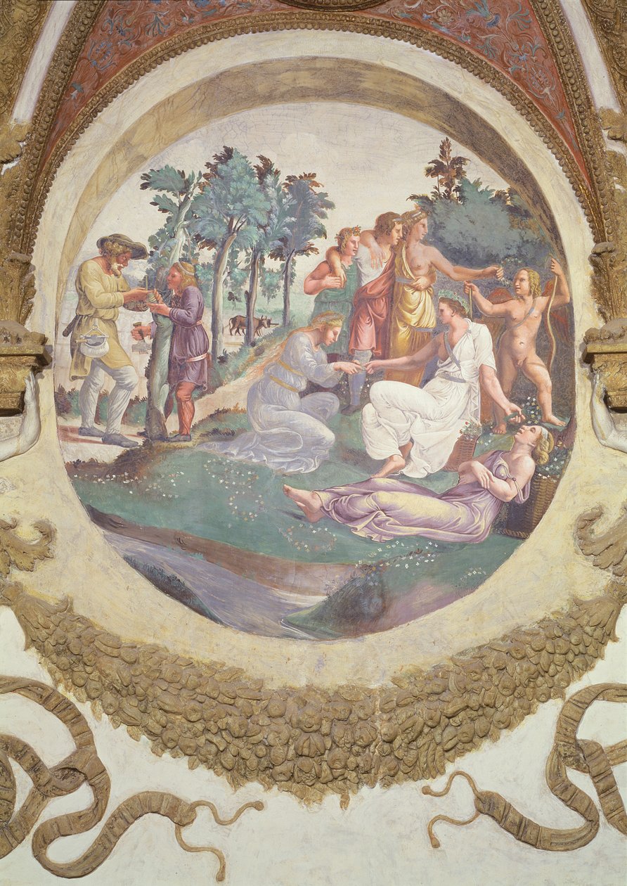 Cena mostrando que aqueles nascidos sob o signo de Virgem em conjunto com a constelação da Coroa são agraciados com um amor por flores e jardins, simbolizado por jovens que tecem guirlandas. de Giulio Romano