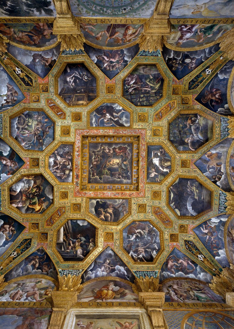 Cenas do mito de Cupido e Psique tiradas de &39;Metamorfoses&39; de Apuleio, pintura do teto da Sala di Amore e Psiche, 1528 (óleo sobre estuque) de Giulio Romano