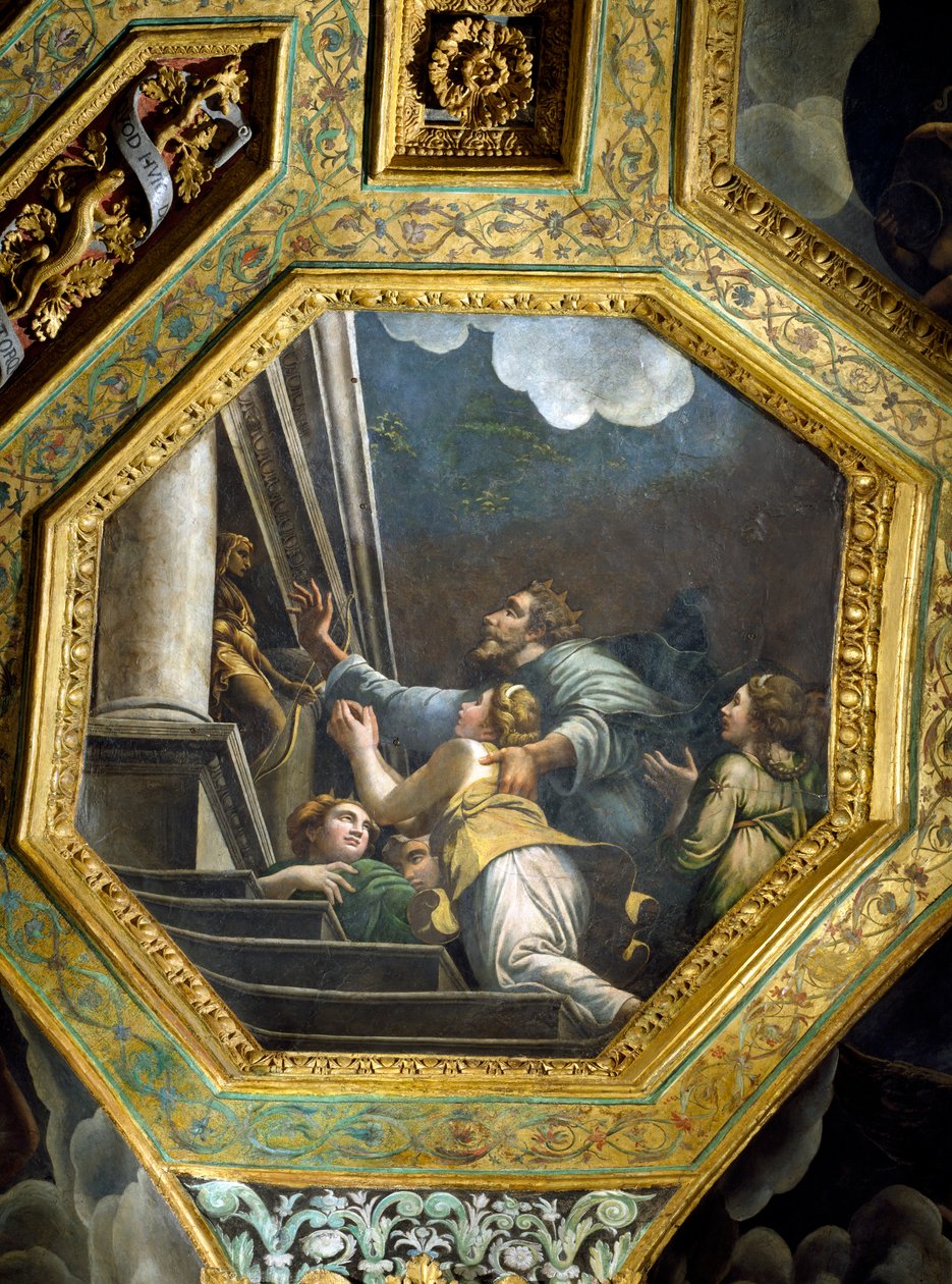 Figuras suplicantes nos degraus de um grande palácio, caixão do teto da Sala di Amore e Psiche, 1528 (óleo sobre estuque) de Giulio Romano