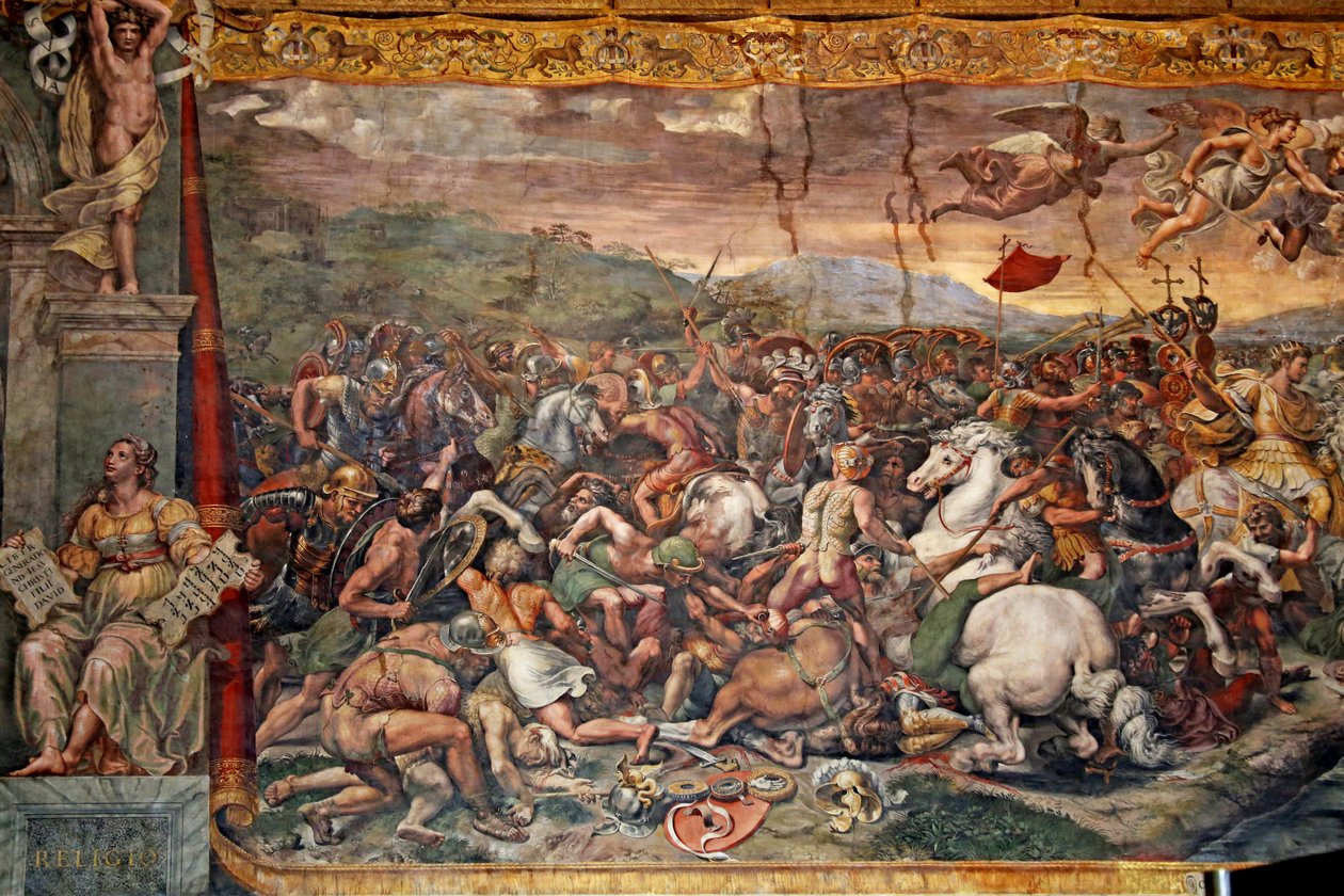A Batalha da Ponte Milviana na Sala de Constantino, 1517-24 de Giulio Romano