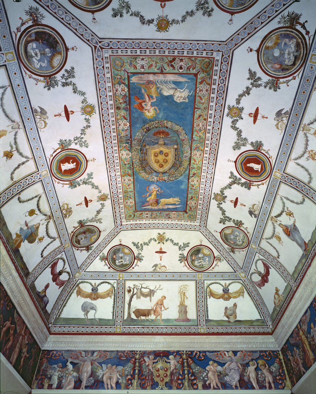 A Câmara con Fregio di Amorini Câmara do detalhe Cupid Frieze do teto, 1520s foto de Giulio Romano
