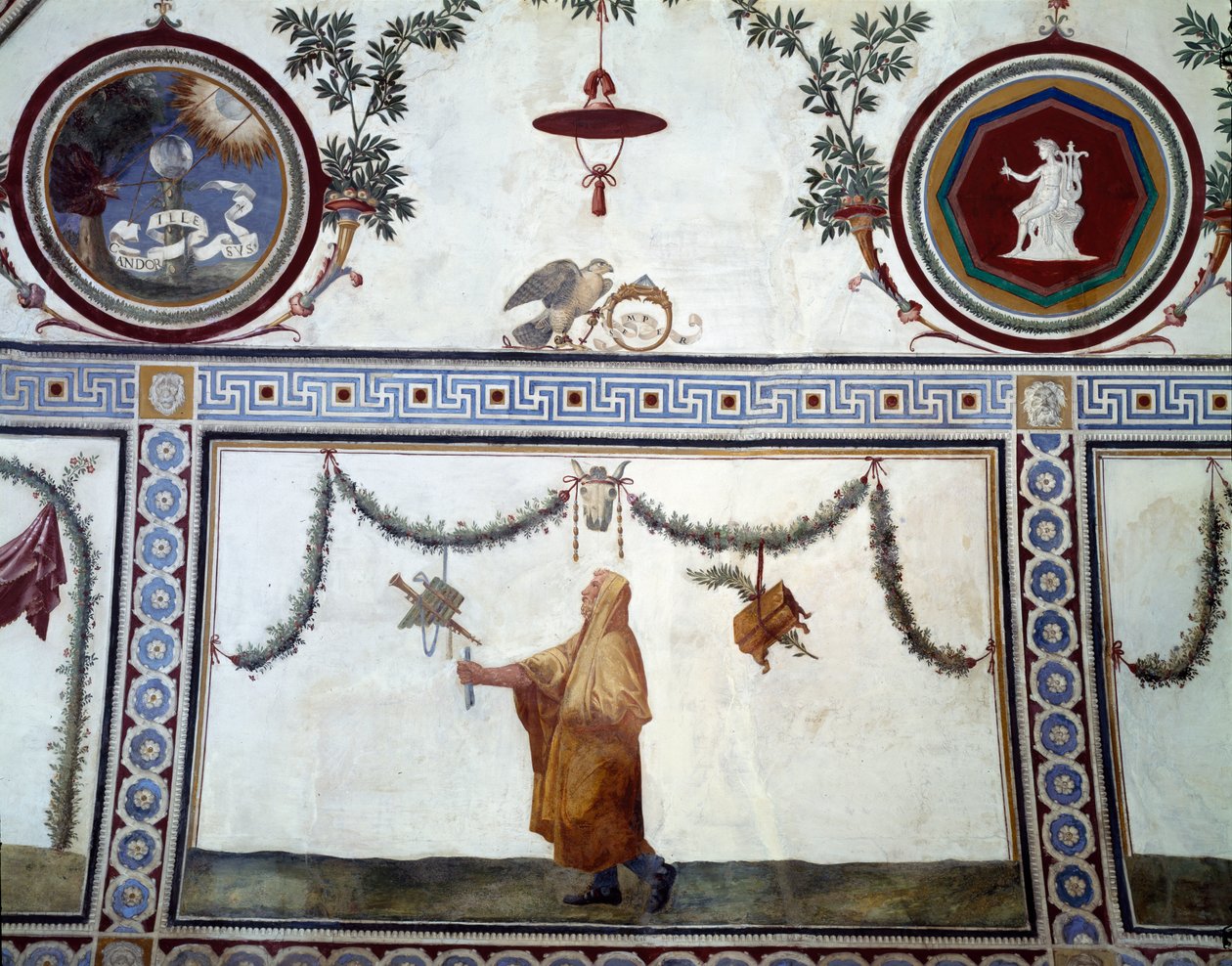 A Câmara com Fregio di Amorini Câmara do detalhe Cupid Frieze do teto representando um homem vestido e insígnias da família Medici, afresco 1520 de Giulio Romano
