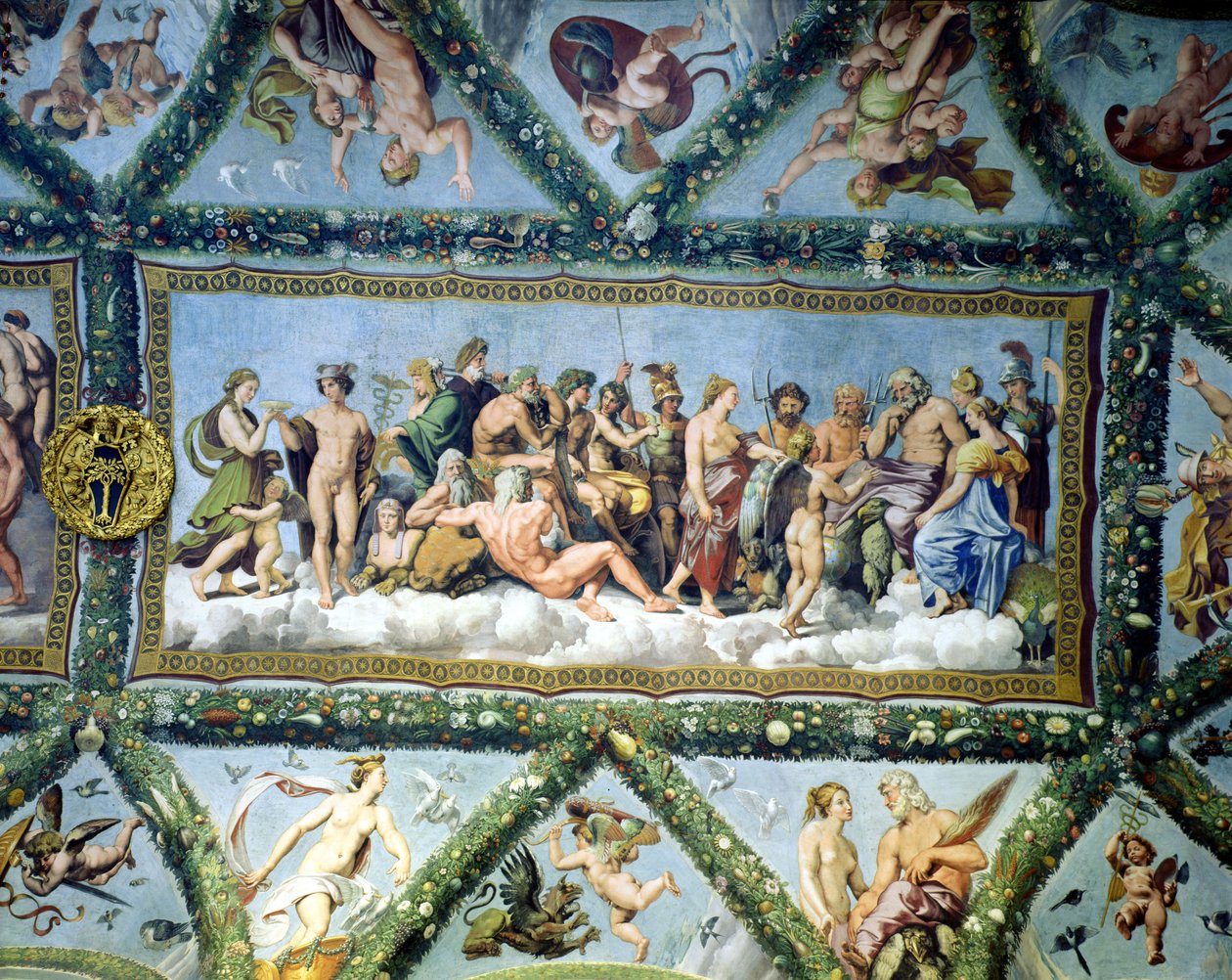 O Conselho dos Deuses, decoração de teto da &39;Loggia de Cupido e Psique&39;, 1510-17 de Giulio Romano
