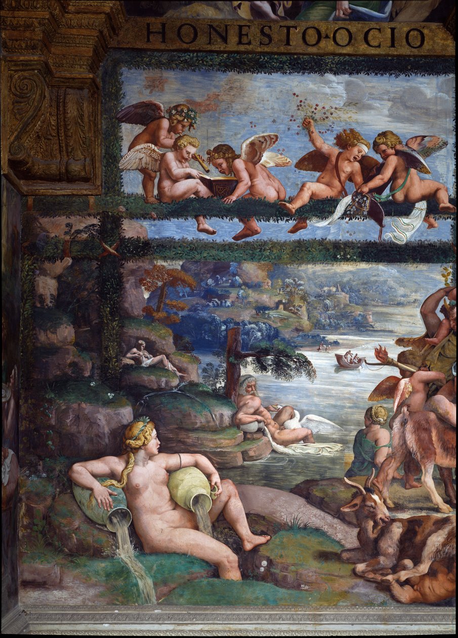 O Banquete Rústico celebrando o casamento de Cupido e Psique, detalhe representando deuses e deusas do rio, parede leste, da Sala di Amore e Psiche, 1528 detalhe afresco de 78427 de Giulio Romano