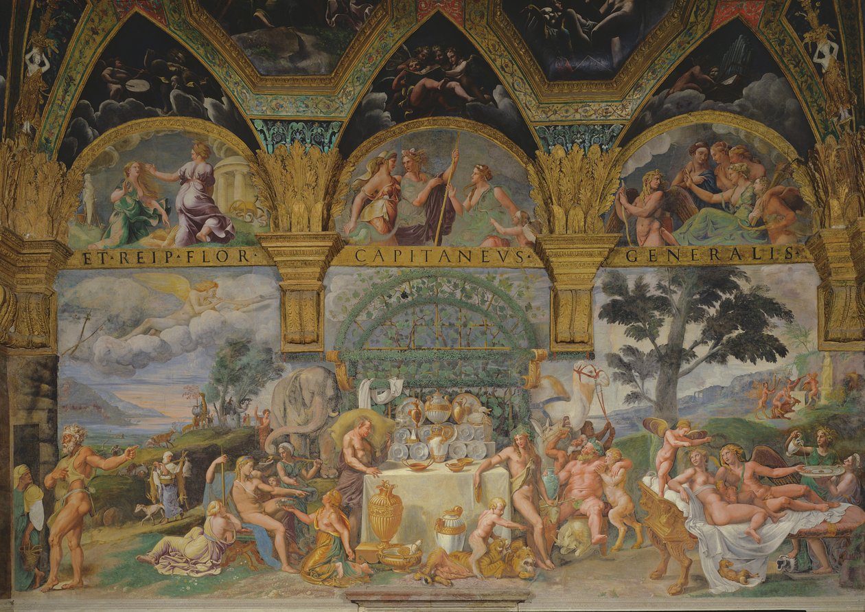 O banquete nobre que celebra o casamento de Cupido e Psique da Sala di Amore e Psiche, 1527-31 de Giulio Romano